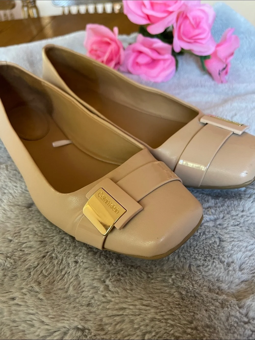 Calvin Klein Beige Patent Leather Ballet Flats with Gold Logo Accent